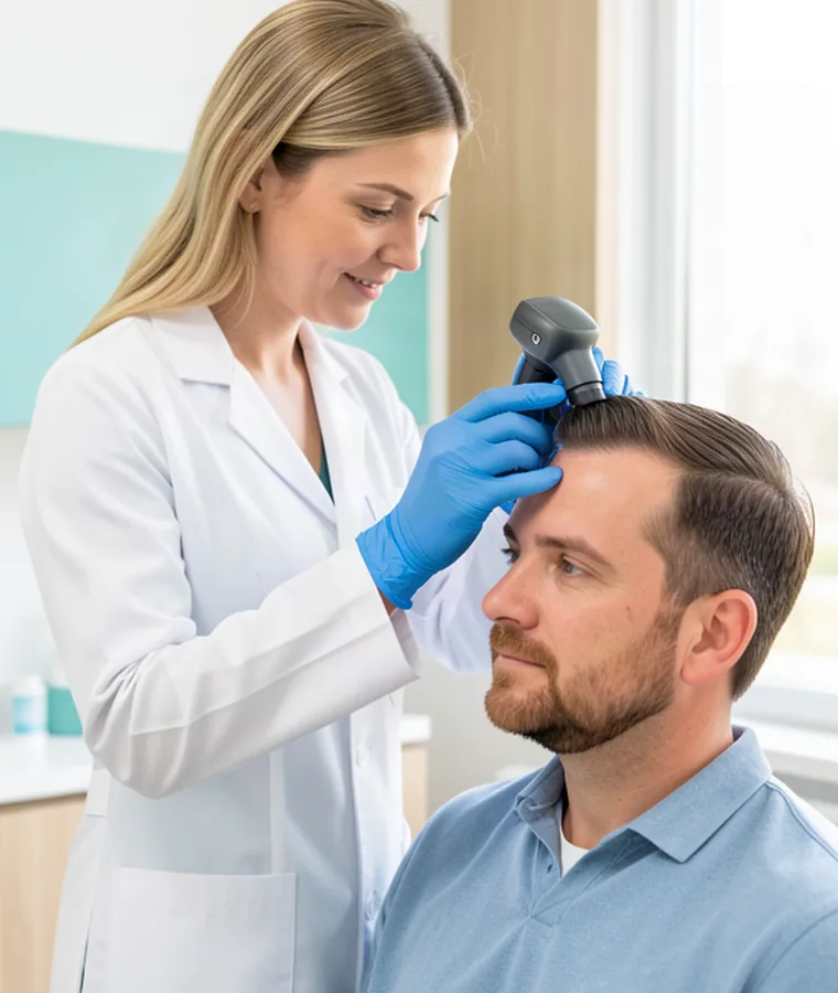 Specialist examining a patient's hairline with a handheld scalp camera at a partner clinic in Istanbul